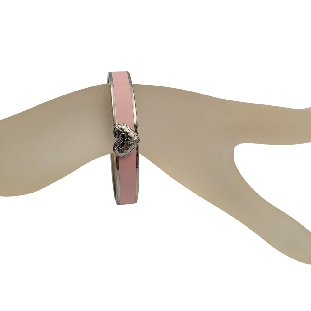 Coach Pink Enamel Heart Bangle Bracelet Silver Tone Hinge Clasp Logo Pattern